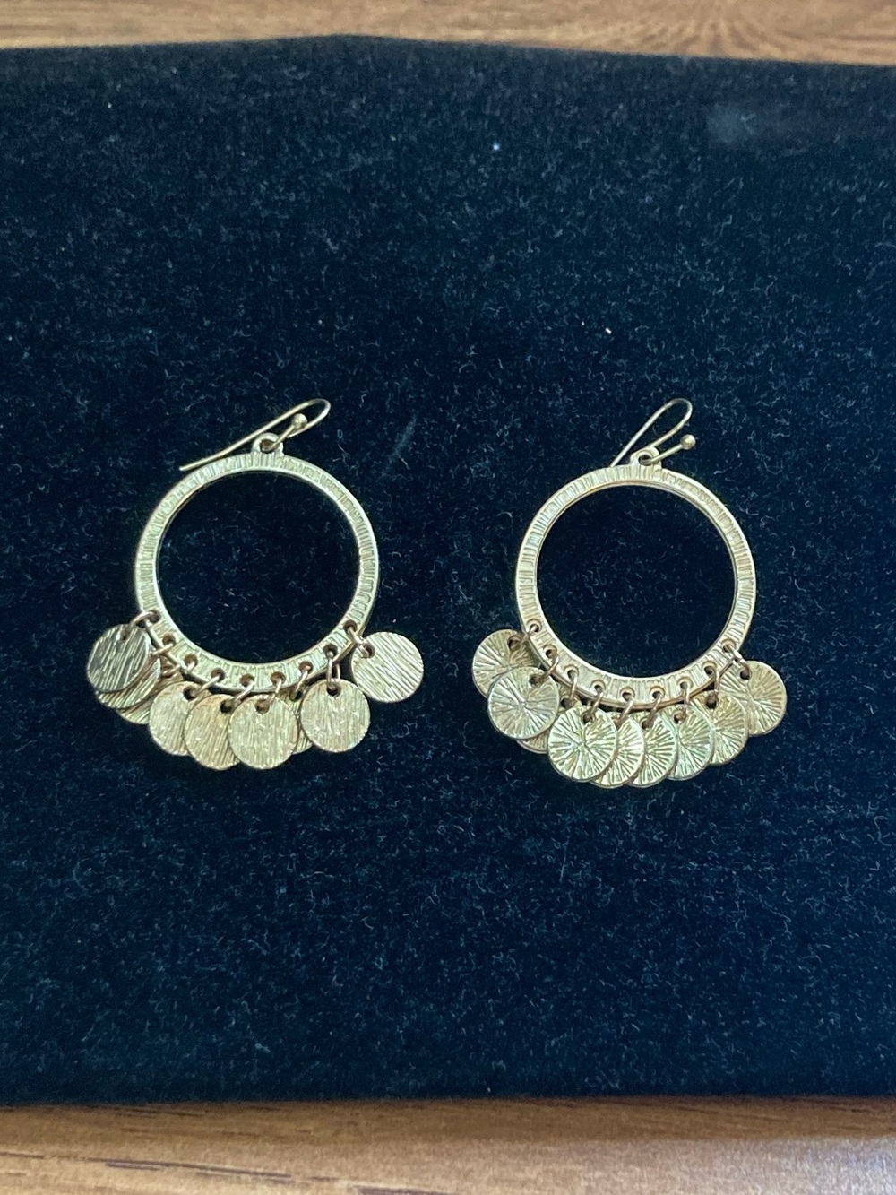 Goldtone Textured “Coin” Hoop Dangle Earrings